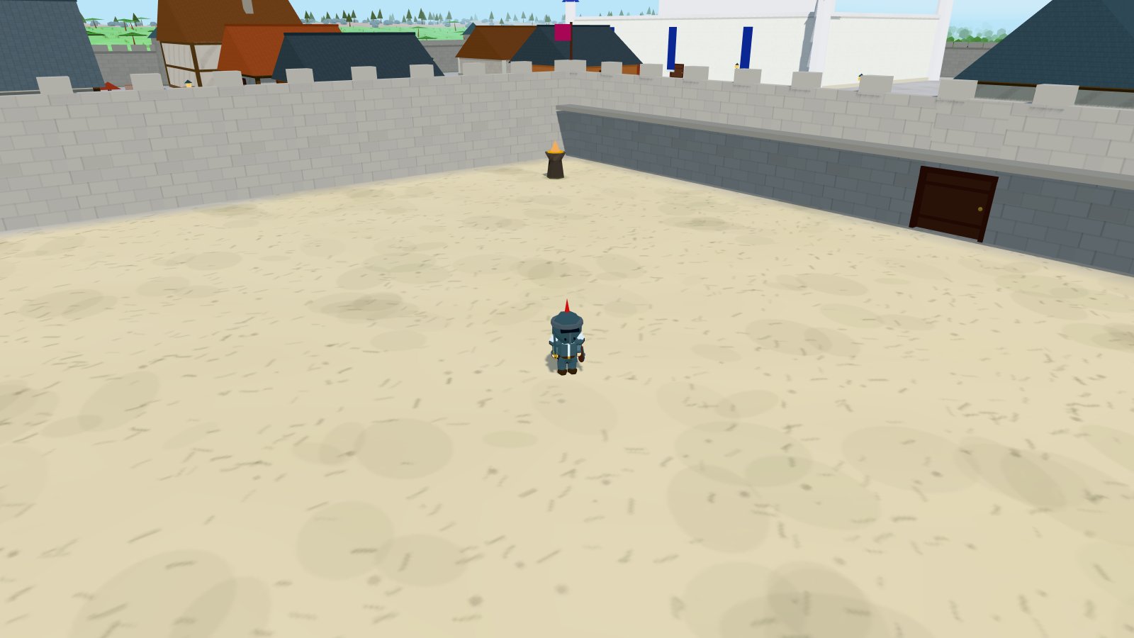 A warden in dark armour standing alone on the sand of the Eventide Colosseum, a lit brazier against the arena wall