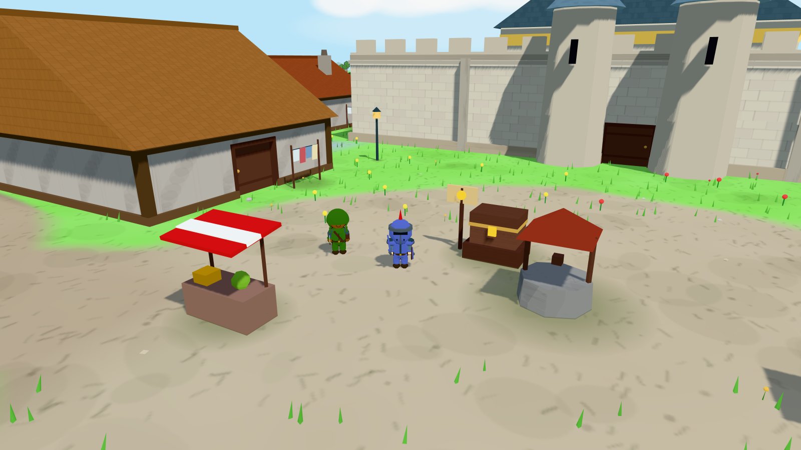 A sword-and-shield knight and a hooded archer standing side by side in the Brightmeadow town square