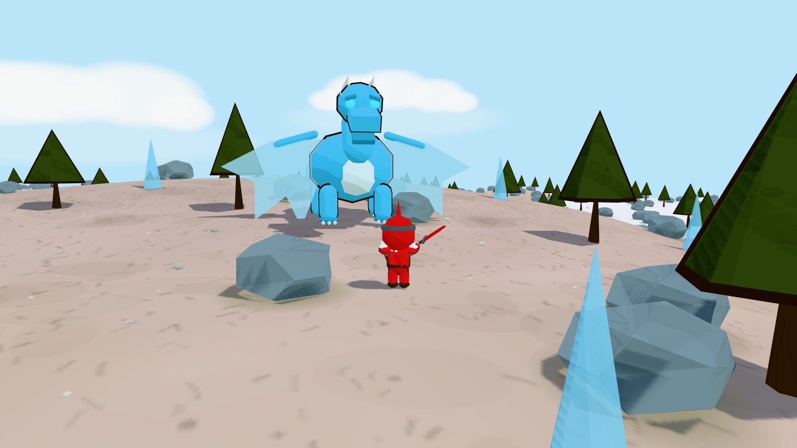 A warden in red draconite armour, sword raised, facing the Frost Dragon rearing between the ice spikes of Frostpeak