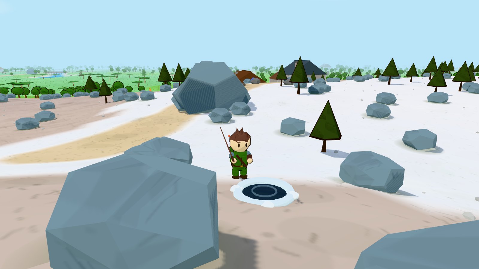 A warden fishing at a hole cut in a frozen lake below Frostpeak, rod out over the ice