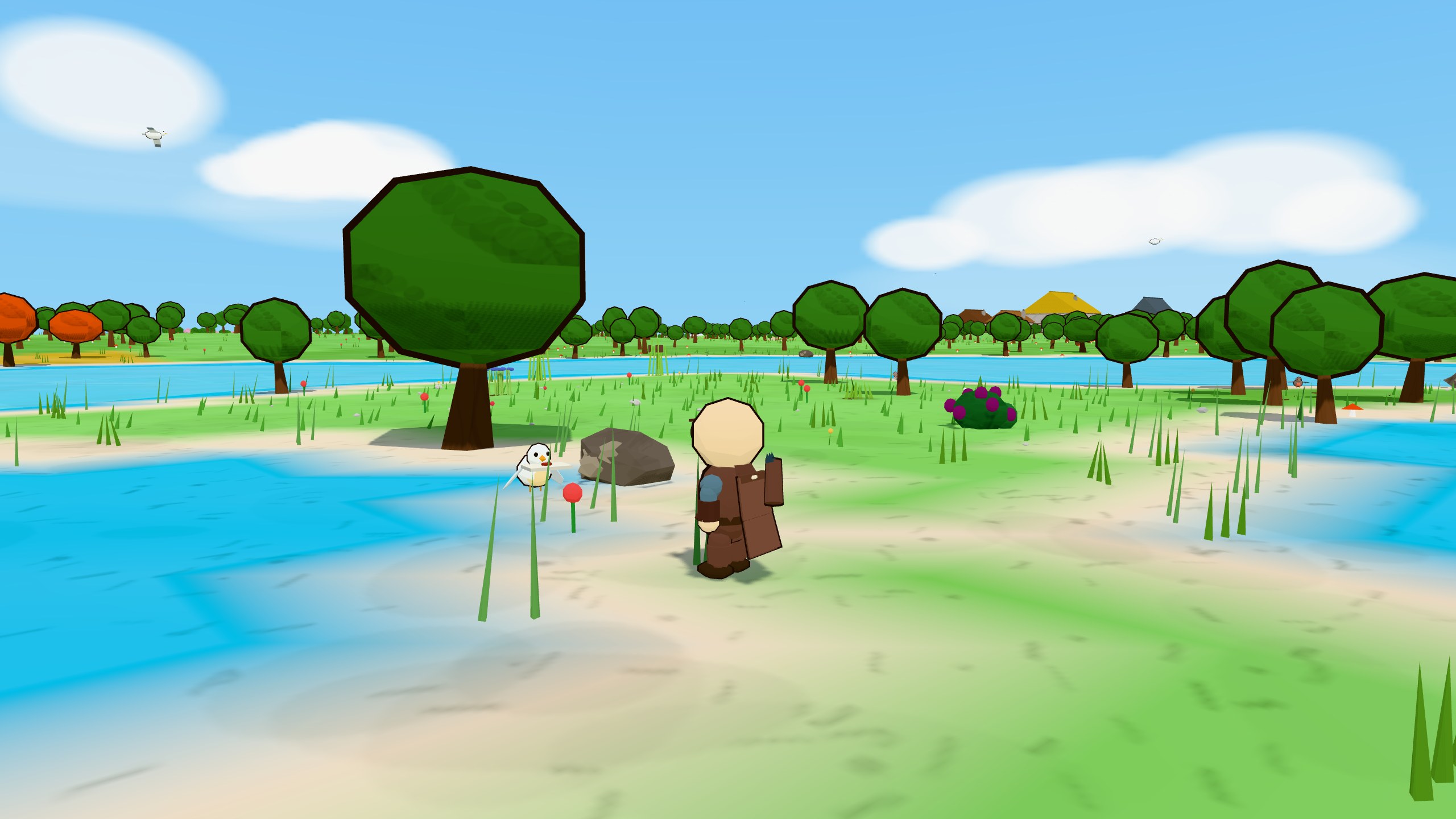 A white courier bird holding a sealed letter in its beak, standing on a riverbank in front of a player