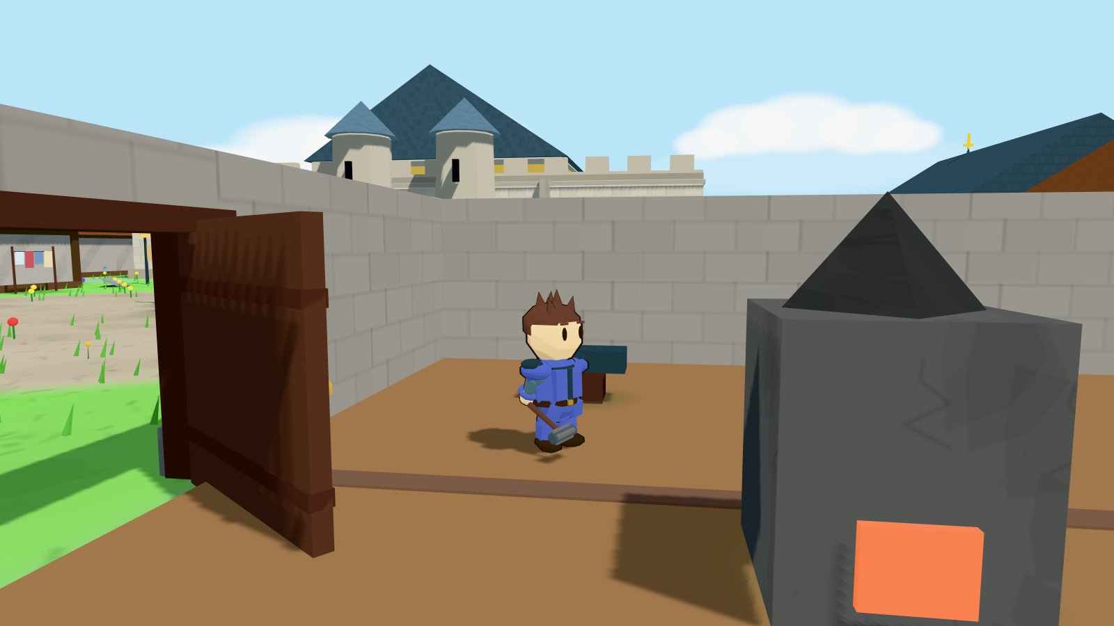 A warden hammering at the anvil of the Brightmeadow smithy, furnace lit and the castle towers over the wall
