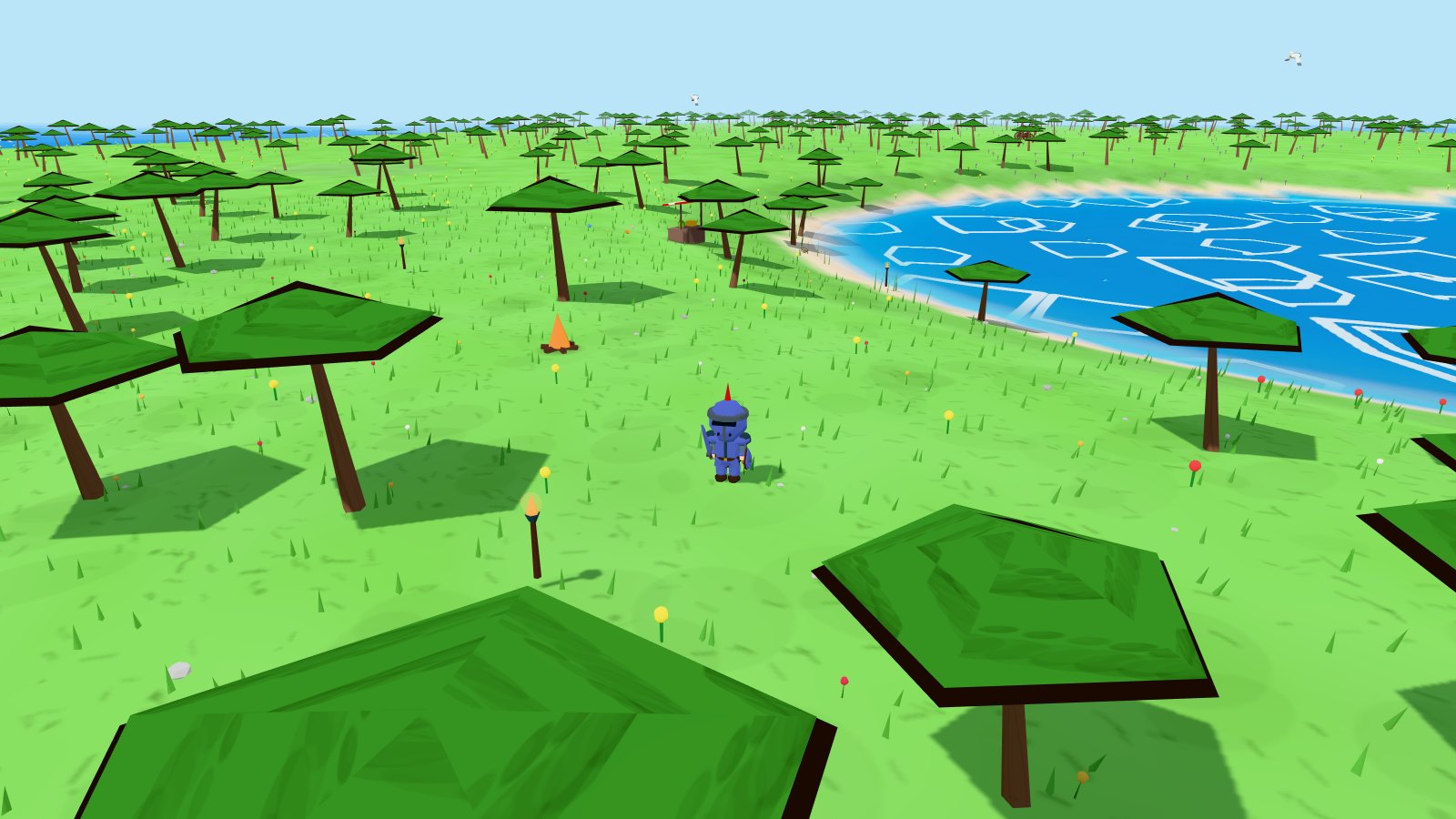 Palm trees on the green shore of Sunhaven Isle beside a bright turquoise lagoon