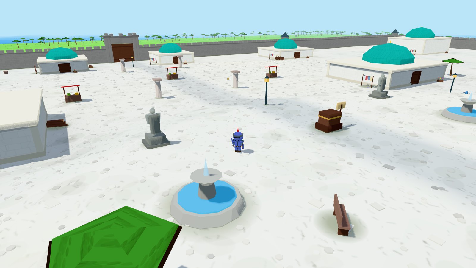 The white marble plaza of Velmora, ringed by teal-domed halls, fountains and statues