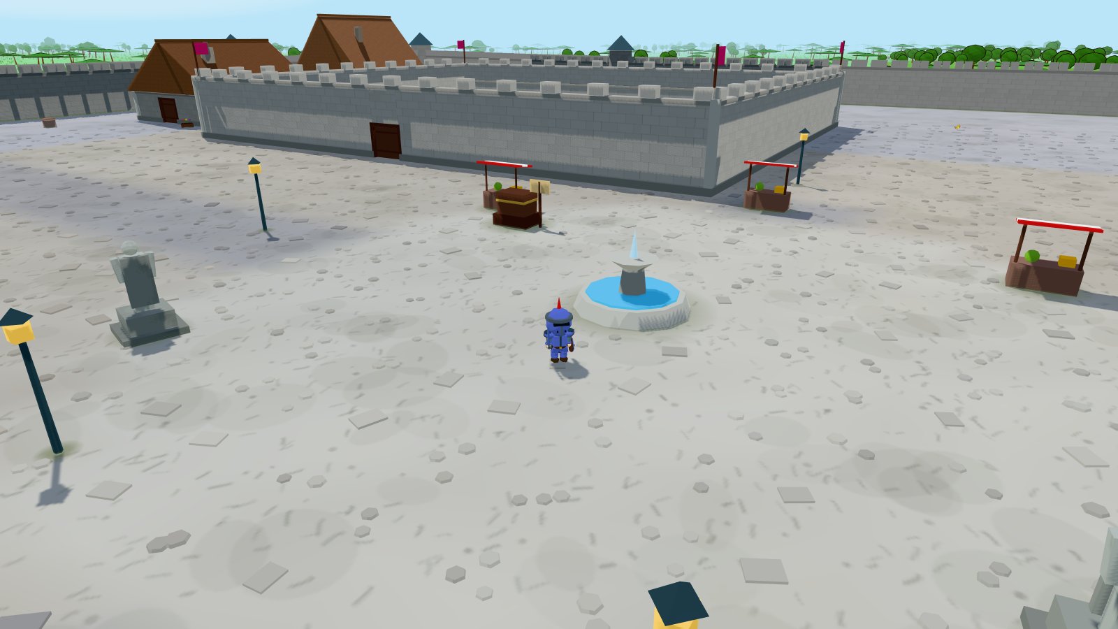 The wide stone plaza of Vesperion, its fountain and market stalls below the battlemented walls of Vesperhall
