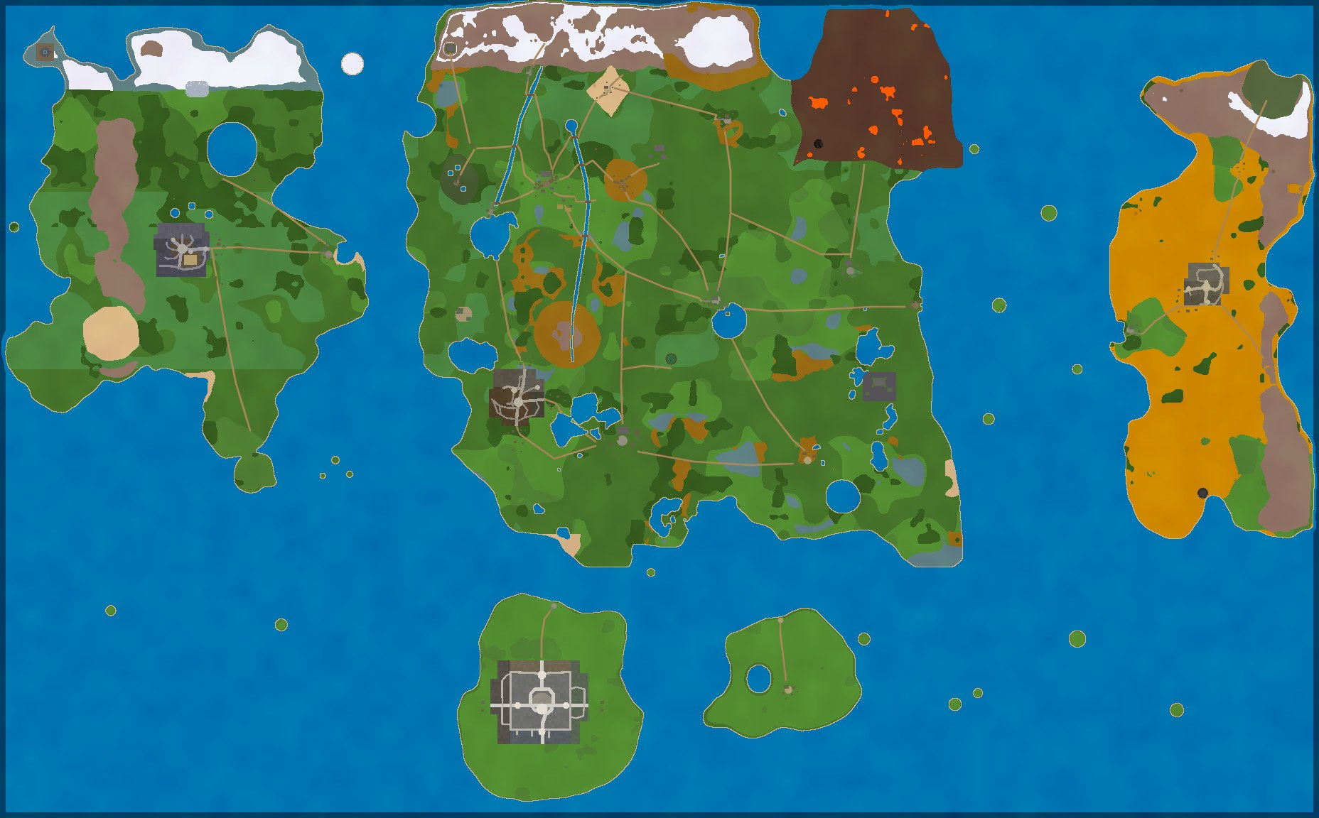 The world map of Ancient Warden: three continents around two open seas